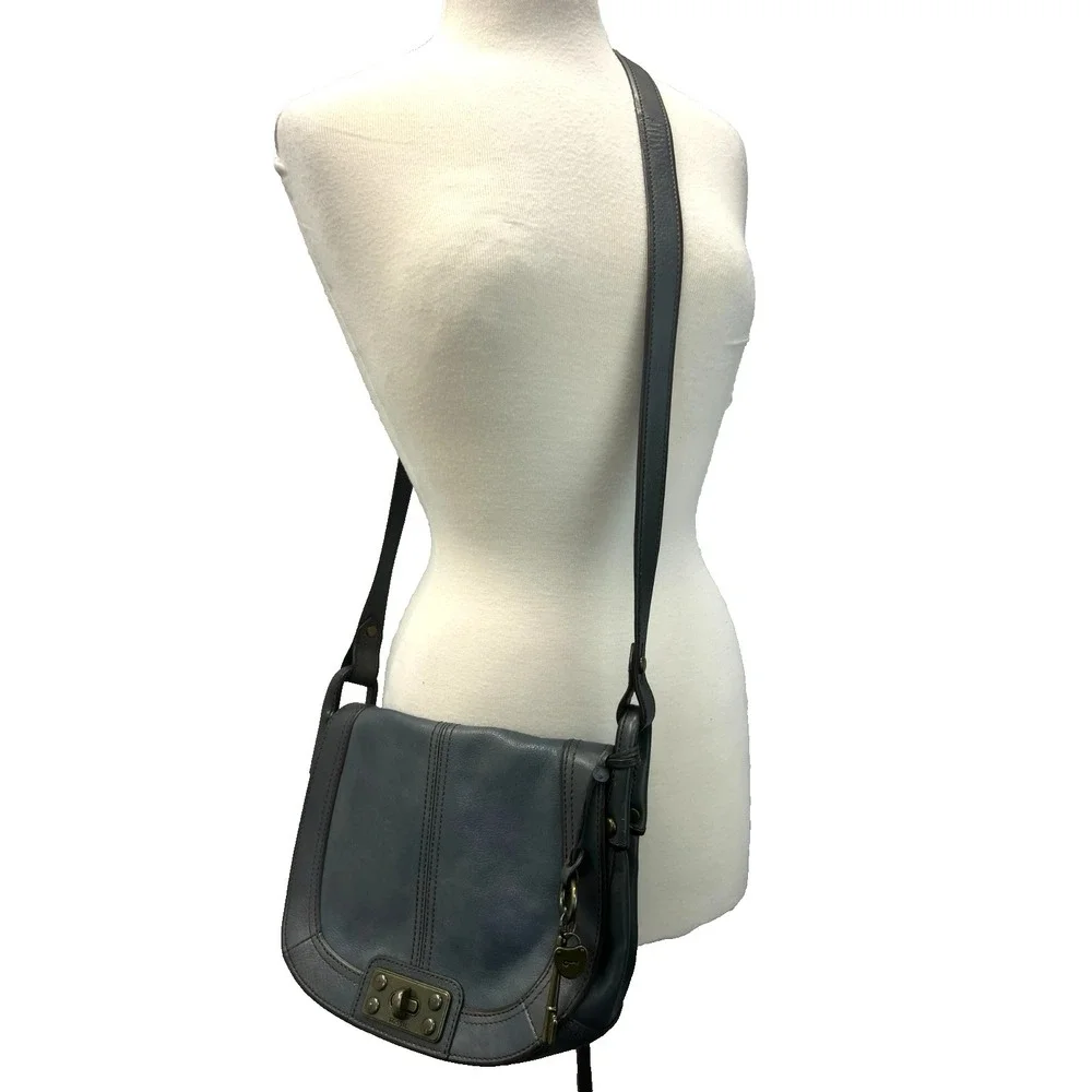 Fossil Vintage Revival Flap Crossbody Purse‎ Dark Gray Leather Turn Lock Charm